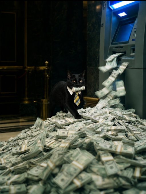 A black cat wearing a striped tie stands next to an ATM that is dispensing a huge pile of US dollar bills.