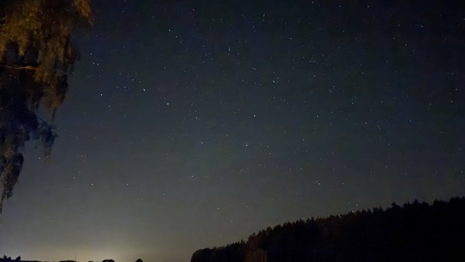 A nighttime photograph of a starry sky over a dark silhouette of trees and hills, with faint city lights glowing on the horizon.