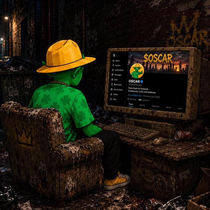 A green-skinned character in a yellow hat and clover shirt sits in a decaying armchair, using a rusted, old computer in a grimy alley to check their X profile. The screen displays the "@OSCAR" account with the name "$OSCAR" visible in the background, directly tying into the post's announcement about the token's upcoming graduation from its bonding curve.