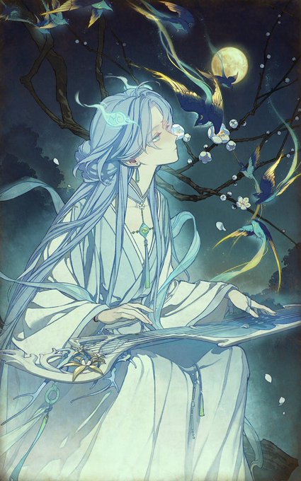 An ethereal blue-haired figure in flowing robes plays a guqin under a moonlit sky with glowing birds perched on blossoming branches.

This beautifully captures a mountain-dwelling cryptid aesthetic—serene, otherworldly, and steeped in East Asian folklore, where mythical beings are often associated with moonlit nights, celestial music, and deep forests.