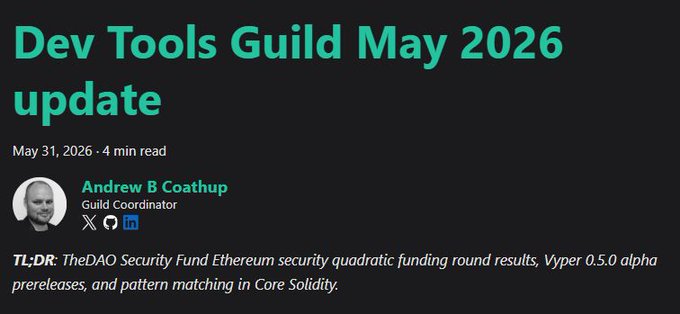The image features a black background with white text. The main focus of the image is an update for a Dev Tools Guild. The title of the update is "May 2026 Dev Tools Guild Update" written in white letters above a logo that reads "@tldr-theaofundeth Ethereum security QF round results @vyperlang 0.5.0 alpha prereleases @solidity_lang: pattern matching in Core Solidity devtoolsg". In the image, there is also another person visible near the top right corner and a postmark at the bottom left corner. The main purpose of this update appears to be to provide information about the security QF round results for the Ethereum project.