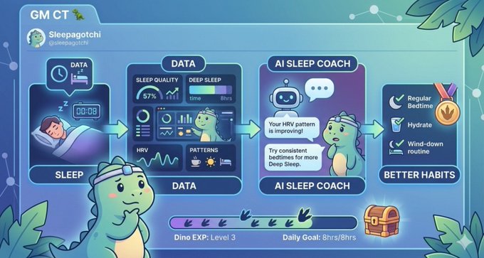 An infographic showing a sleep-tracking app called 'GMCT' and 'Sleepagotchi', featuring a dinosaur mascot and sections for Sleep, Data, AI Sleep Coach, and Better Habits.