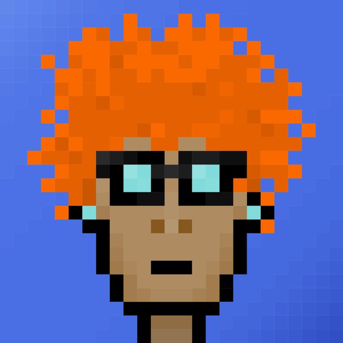 A pixel art portrait of a person with bright orange hair and black-rimmed glasses with cyan lenses, set against a blue background.