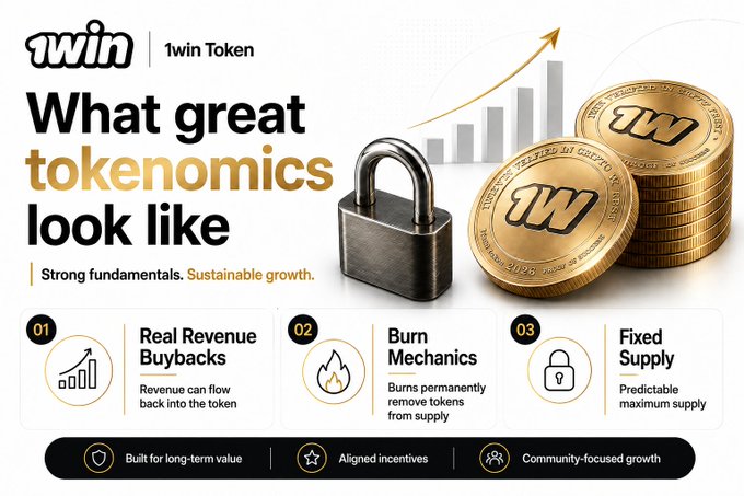 A 1win Token promotional graphic titled 'What great tokenomics look like,' highlighting three features: Real Revenue Buybacks, Burn Mechanics, and Fixed Supply, with visual elements including gold tokens, a padlock, and a growth chart.