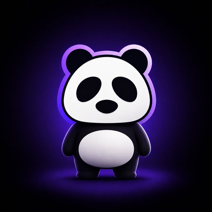 3D rendered cartoon panda character with a glowing purple neon outline against a dark background.