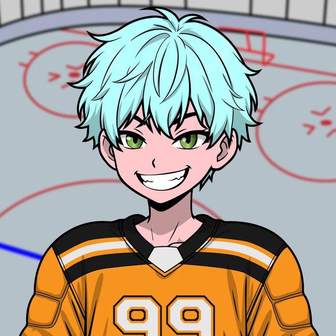 An anime-style character with teal hair and green eyes smiles broadly while wearing an orange and black hockey jersey with the number '99' on an ice rink background.