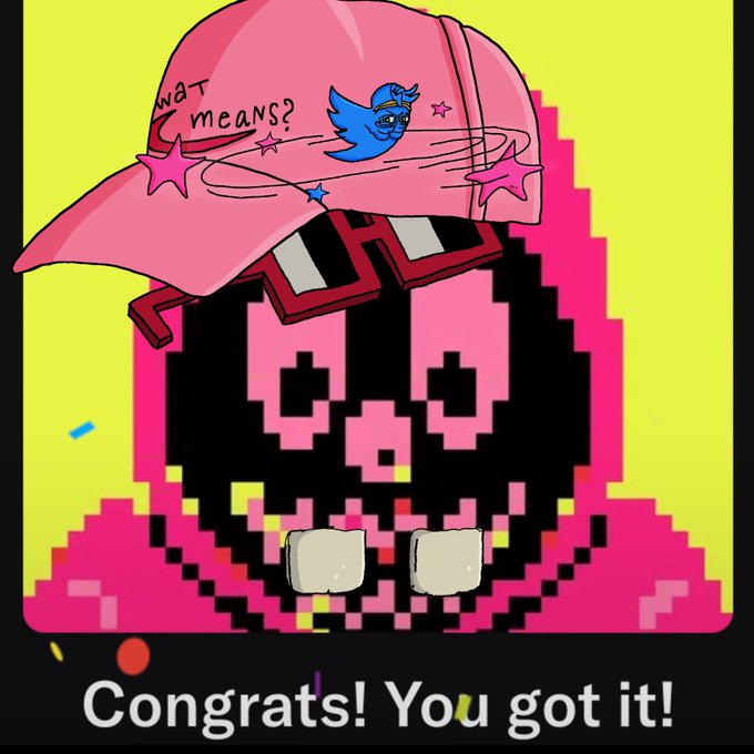 A pixel-art style character wearing a pink baseball cap with "what means?" and a blue Twitter bird logo, displayed on a yellow background with the caption "Congrats! You got it!" below.