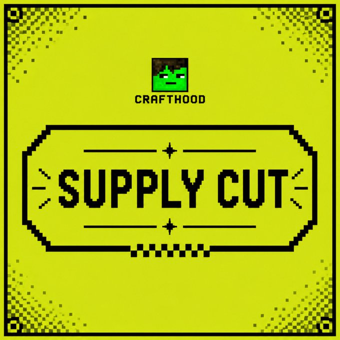 A pixel-art style banner with a yellow-green background featuring the "CRAFTHOOD" logo (a green blocky character) above a decorative frame displaying the text "SUPPLY CUT" in bold black letters, tying in with the post's announcement of a supply reduction for the Crafthood NFT collection on OpenSea.