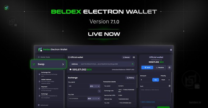 A promotional graphic for the 'BELDEX ELECTRON WALLET Version 7.1.0 LIVE NOW', showing a screenshot of the wallet's swap interface.
