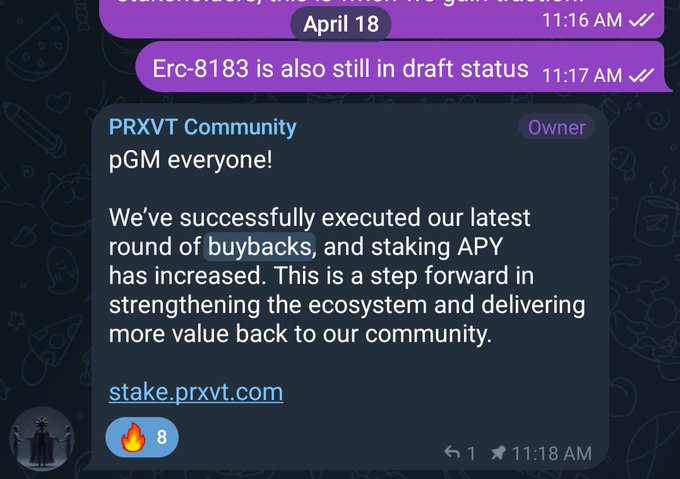 A Discord message from PRXVT Community announces successful token buybacks and increased staking APY, reinforcing the project's commitment to community value. This aligns with the post highlighting PRXVT's history of burning 4.15% of supply and seeding $100k into staking rewards following their January 2026 relaunch.