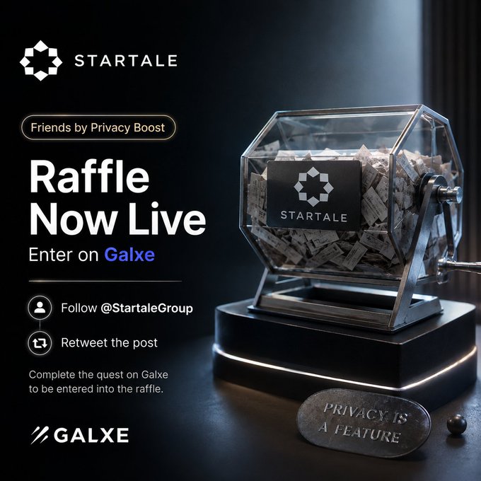 A promotional graphic for a STARTALE raffle featuring a glass lottery ball filled with entries, a 'PRIVACY IS A FEATURE' tag, and instructions to follow @StartaleGroup and retweet to enter on Galxe.