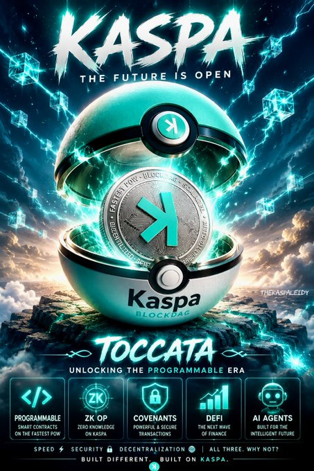 A promotional graphic for Kaspa (KAS) cryptocurrency featuring 'Toccata' branding with the tagline 'The Future Is Open' and 'Unlocking the Programmable Era,' highlighting features like Programmable Smart Contracts, ZK Op, Covenants, DeFi, and AI Agents.