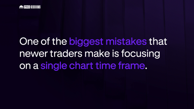 A Pro Sessions promotional graphic with a dark purple background featuring the text "One of the biggest mistakes that newer traders make is focusing on a single chart time frame." The message highlights how relying on only one timeframe can mislead traders, tying into the post's point that pullbacks on one timeframe may just be noise on another.