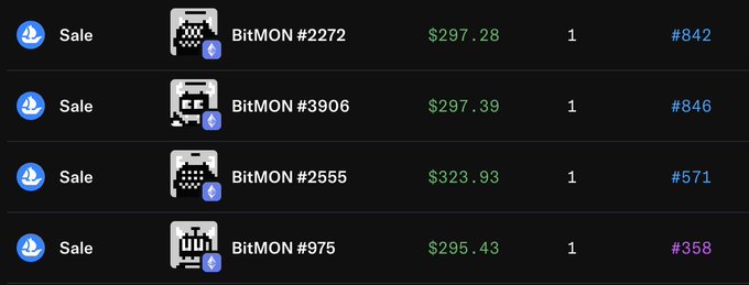 A screenshot displays a cryptocurrency marketplace interface listing several 'BitMON' NFT sales, including BitMON #2272 for $297.28, BitMON #3906 for $297.39, BitMON #2555 for $323.93, and BitMON #975 for $295.43.