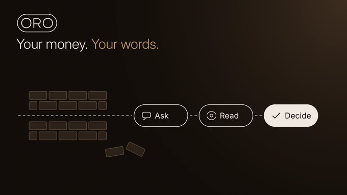 The image displays a promotional graphic for "ORO" with the tagline "Your money. Your words." illustrating a three-step process (Ask, Read, Decide) from a brick wall pattern, which complements the post's message about ORO adding Faroese and Icelandic language support to empower users to manage their finances in their own native language.