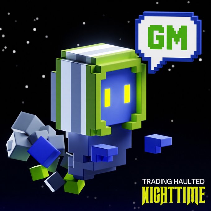 A 3D voxel-style robot character with green and blue cubes floating in a starry space, featuring a speech bubble with "GM" and the text "TRADING HAULED NIGHTTIME" in the bottom right.