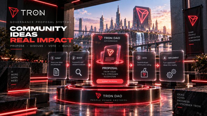 A futuristic promotional graphic for 'TRON DAO GOVERNANCE' showing a 4-step community voting process: Submit, Review, Vote, and Implement.