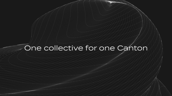 The image features a black and white photo of a large spiral shape, which appears to be a representation of a building or structure. The text "One Collective for One Canton" is written above the spiral shape, suggesting that this image may be related to a project or initiative called "One Collective for One Canton". The caption below the image reads "6T+ in assets. Goldman, BNY, DTCC already building. The DeFi wave arrives in weeks. We're @canton_col and this is where the worlds meet." This text seems to be a part of an advertisement or promotional material for a project named "One Collective for One Canton".