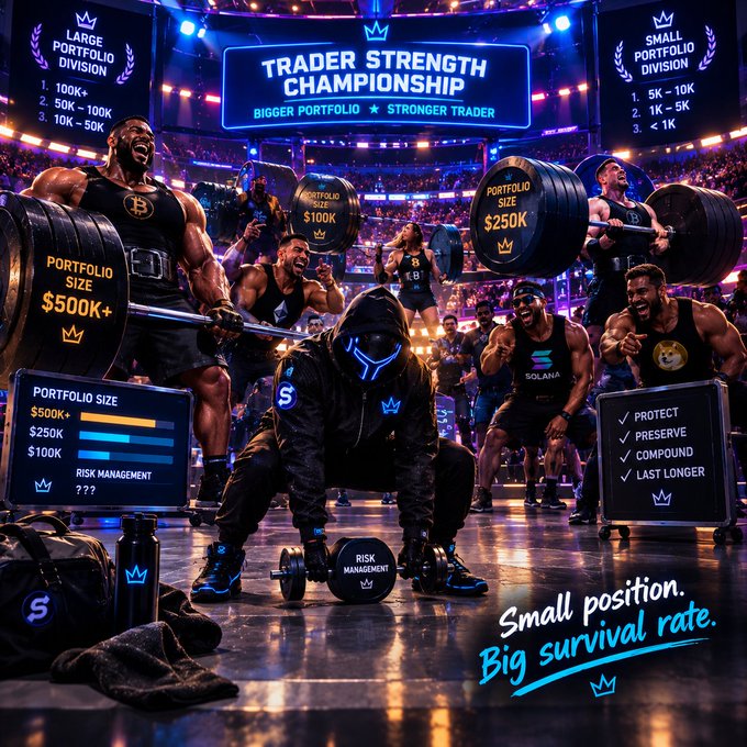 A vibrant promotional graphic titled 'TRADER STRENGTH CHAMPIONSHIP' depicting muscular figures lifting barbells weighted with portfolio size amounts ($500K+, $250K, $100K) and the slogan 'Small position. Big survival rate.'