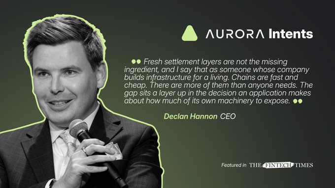Declan Hannon, CEO of Aurora Intents, is featured in a grayscale photo holding a microphone, with a pull quote about application layers determining infrastructure exposure, alongside a promotion for his feature in The Fintech Times.