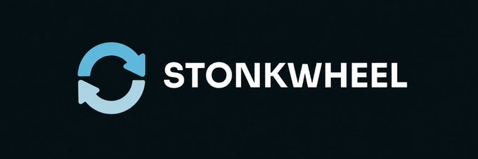 A dark banner image displays the "STONKWHEEL" logo, featuring two light blue circular arrows forming a refresh/sync symbol next to the white text "STONKWHEEL". This appears to be the official banner created by a community member for the Solana token $STONKWHEEL on the Moby platform.