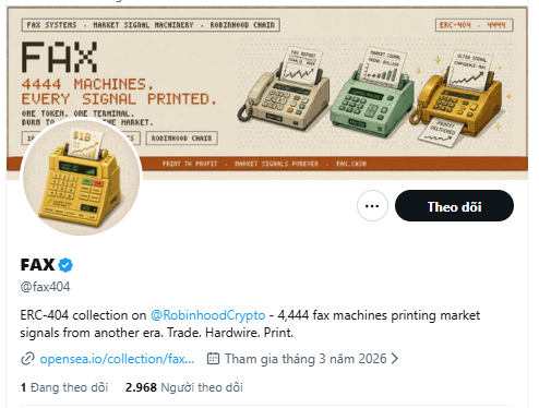 A Twitter/X profile page for 'FAX' (@fax404) showing an ERC-404 collection on @RobinhoodCrypto featuring 4,444 fax machines printing market signals.