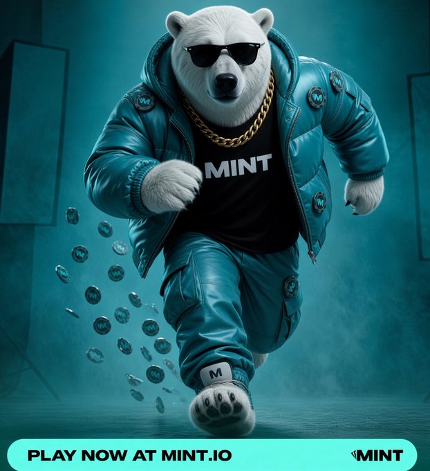 An AI-generated promotional image of a polar bear wearing sunglasses, a blue puffer jacket, gold chains, and a black 'MINT' shirt, striding forward with coins falling, with text 'PLAY NOW AT MINT.IO' and the Mint logo.