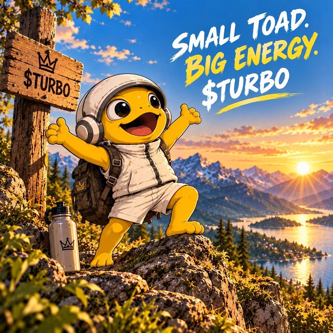 A cheerful cartoon toad wearing headphones and a backpack triumphantly stands atop a rocky mountain peak at sunrise, next to a water bottle and a wooden sign marked "$TURBO," embodying the energetic spirit of "Small Toad, Big Energy. $TURBO." The image's adventurous pose and uplifting scenery capture the post's theme of finding joy, teamwork, and momentum on the journey together.