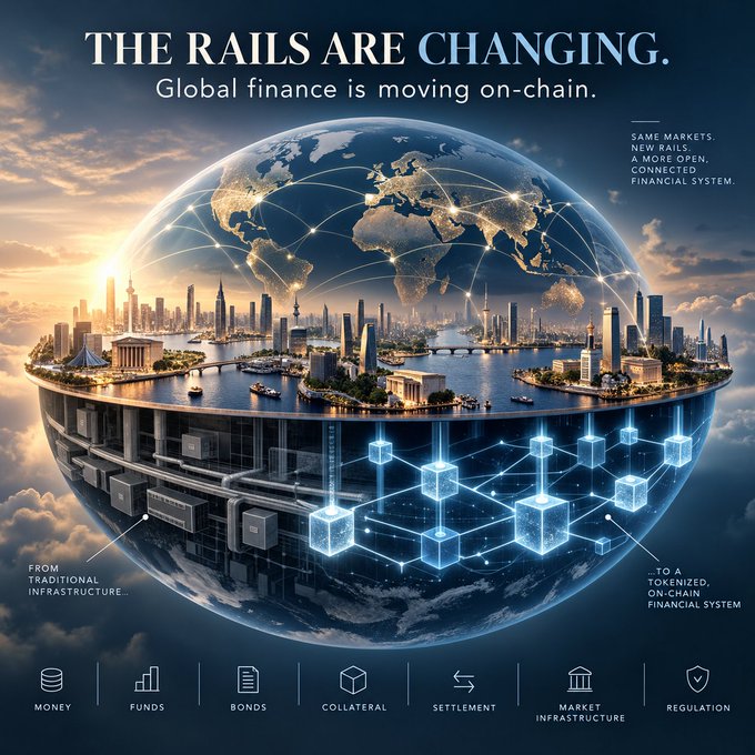 A promotional graphic titled 'THE RAILS ARE CHANGING. Global finance is moving on-chain,' depicting a split globe showing traditional city infrastructure above and a tokenized blockchain network below, with categories for money, funds, bonds, collateral, settlement, market infrastructure, and regulation.