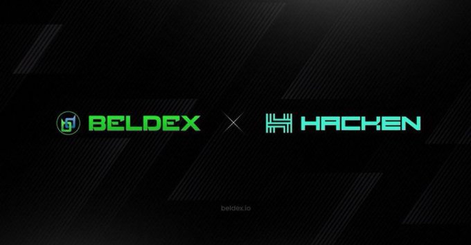 The image showcases a collaboration announcement between Beldex and Hacken, featuring both logos side by side with an "x" symbol between them against a dark, tech-inspired background. This visually represents the post's message about Beldex partnering with Hacken for a comprehensive penetration test to secure their new Bridge infrastructure before launch.