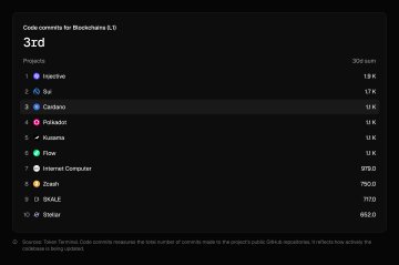 A dark dashboard displays 'Code commits to Blockchains 0.1' with a ranking list showing Injective at 300 commits, followed by Sei, Covalent, Polkadot, Kusama, Flow, Internet Computer, Zcash, SUILE, and Stellar.