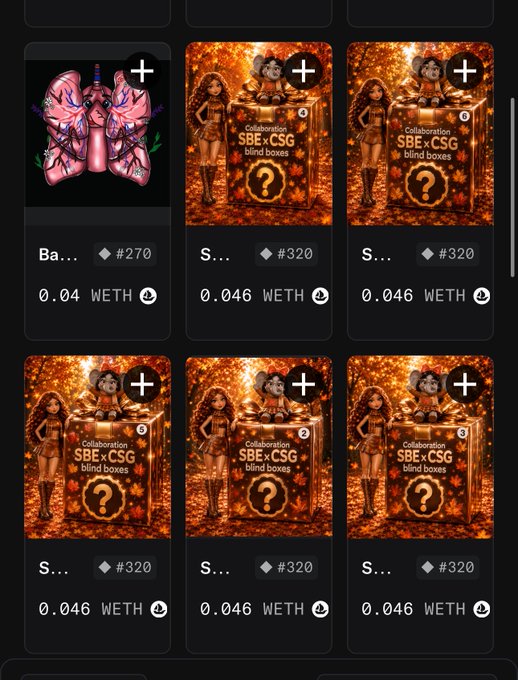 A screenshot of an NFT marketplace displaying digital collectibles including a pink butterfly artwork and 'Collaboration SBE x CSG blind boxes' featuring female character art, priced in WETH.