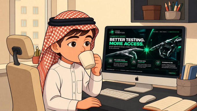 An illustration depicts a young man wearing a red and white keffiyeh drinking from a cup while looking at a website on his iMac that reads 'BETTER TESTING. MORE ACCESS.'