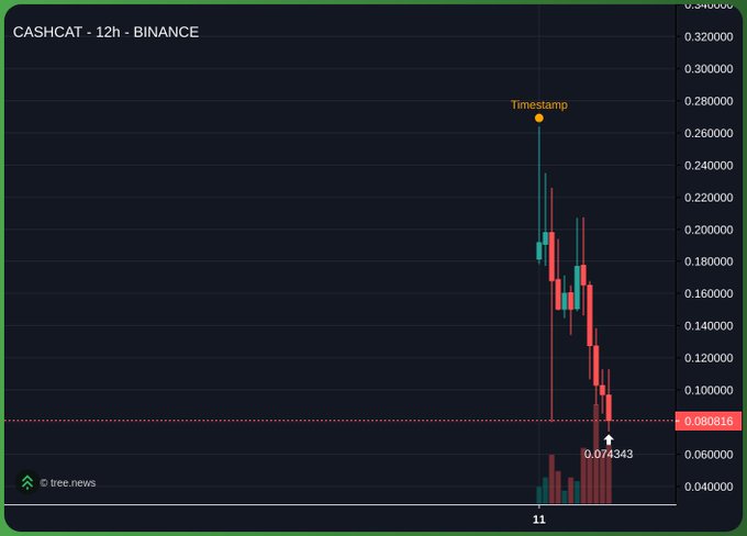 A 12-hour Binance candlestick chart for CASHCAT shows a dramatic spike to a high near $0.28 (marked "Timestamp") followed by a sharp decline, with the current price highlighted at $0.074343, illustrating the memecoin's volatile pump-and-dump pattern referenced in the post about Hyperliquid listing perps for a coin with thin, one-sided liquidity.