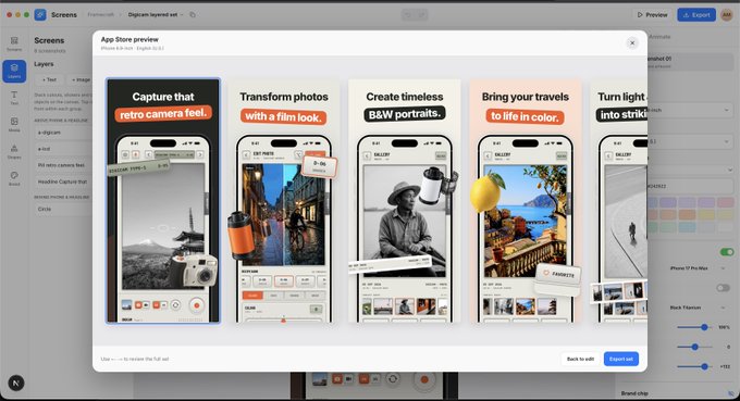 A Figma design preview window showing an App Store listing with the tagline 'Capture that retro camera feel' and feature descriptions like 'Transform photos with a film look' and 'Bring your travels to life in color' displayed across five phone mockups.