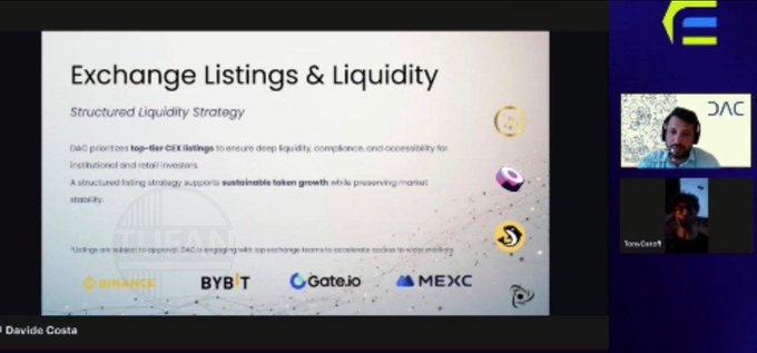 A presentation slide titled 'Exchange Listings & Liquidity' discussing a 'Structured Liquidity Strategy' with logos for Binance, BYBIT, Gate.io, and MEXC, alongside video feeds of two speakers.