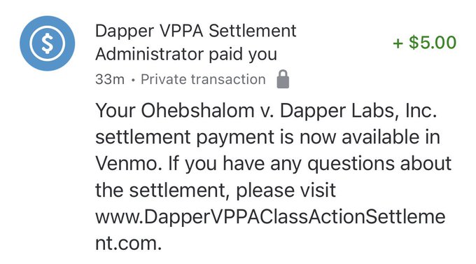 A Venmo notification shows the Dapper VPPA Settlement Administrator paid $5.00, referencing the "Ohebshalom v. Dapper Labs, Inc." settlement payment, suggesting the user received a small NFT-related class action payout they refer to as an "airdrop."