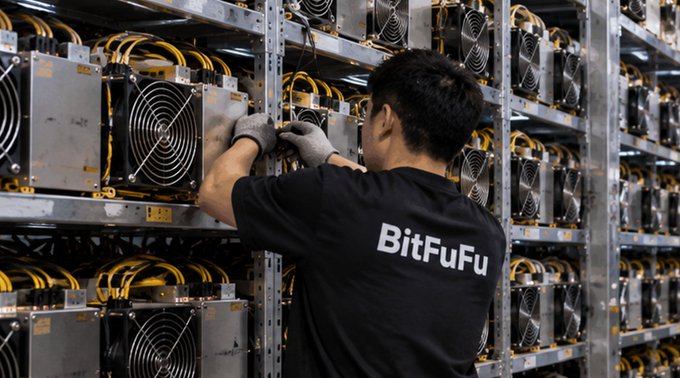 A worker wearing a black 'BitFuFu' branded t-shirt and gloves works on cryptocurrency mining equipment in a facility filled with rows of cooling fans and yellow cables.