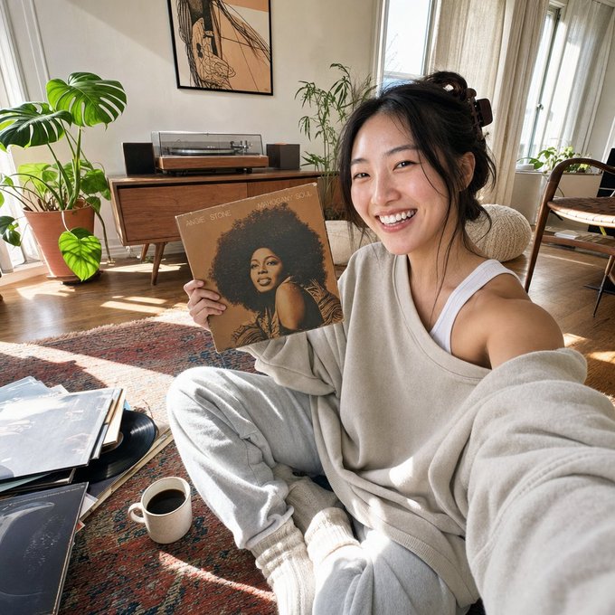 The image features a woman sitting on the floor with her arms crossed, holding an album by the artist Madonna. The album cover shows a picture of the singer Madonna. She appears to be posing for a photo while holding the record. In the background, there are several potted plants and a chair, adding to the cozy atmosphere of the room.