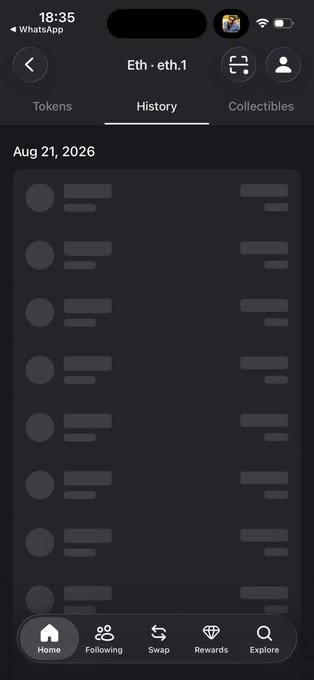 A smartphone screenshot of a cryptocurrency wallet app showing the History tab under the 'Eth.eth.1' account, with transaction entries blurred out, timestamped Aug 21, 2026.