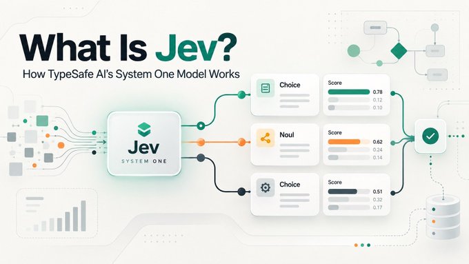 An infographic titled 'What Is Jev? How TypeSafe AI's System One Model Works' illustrates a flow chart with 'Choice' and 'Noul' components displaying various scores.