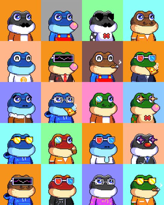 A colorful grid of 20 pixel-art frog characters in various outfits, accessories, and different color schemes.