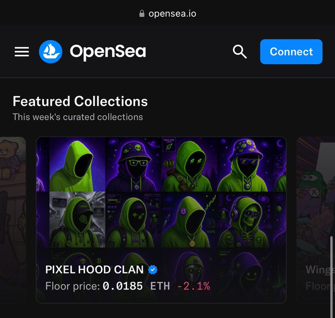 OpenSea.io screenshot showing the 'PIXEL HOOD CLAN' featured collection with a floor price of 0.0185 ETH (-2.1%).