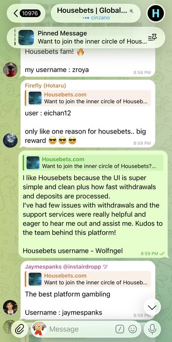 A Telegram chat screenshot from 'Housebets | Global...' group showing users sharing their usernames and testimonials for the Housebets platform.