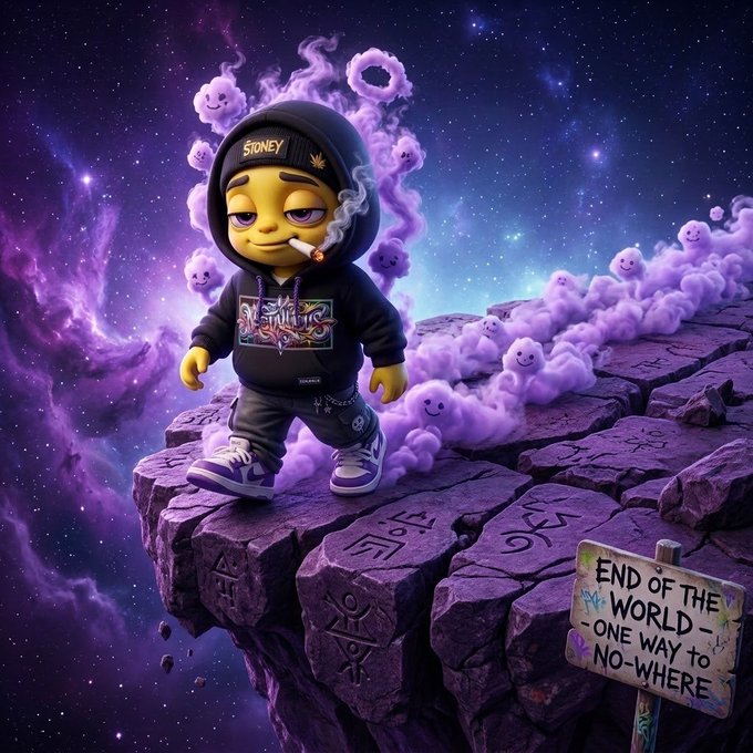 A stylized cartoon illustration depicts a hooded character in black streetwear smoking a cigarette on a floating rocky cliff in a purple cosmic space setting, with smiling purple smoke clouds and a sign reading 'END OF THE WORLD - ONE WAY TO NO-WHERE'.