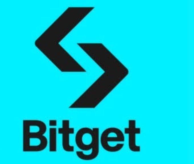 The Bitget logo featuring a stylized black arrow-like symbol on a bright cyan background, with the word "Bitget" displayed in bold black text beneath it.