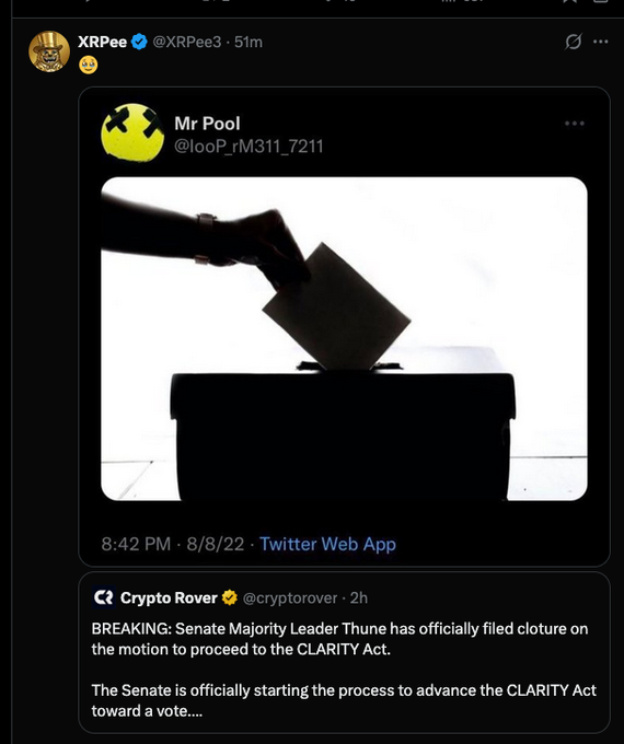 A screenshot of a Twitter post by XRPee3 showing a silhouette of someone casting a ballot, paired with a tweet from @crypto_rover announcing that Senate Majority Leader Thune has filed cloture on the motion to proceed to the CLARITY Act.