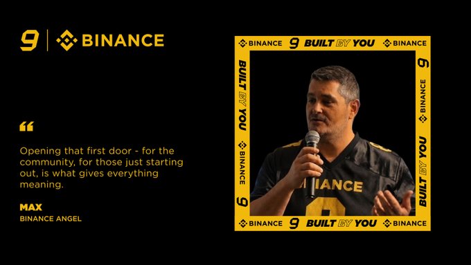 A promotional graphic for Binance features Max Elizalde, a Binance Angel, speaking into a microphone with a quote about opening the first door for the community, framed by yellow Binance "Built By You" branding that supports the post recognizing his 2025 Binance Angels Award for building LATAM communities.