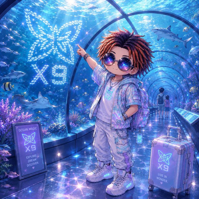 The image features a young boy wearing sunglasses, standing next to a suitcase with "X9" written on it. The background shows an underwater scene filled with fish and other sea creatures. The caption of the image reads, "What if the most important crypto infrastructure of the next decade isn'e another blockchain? That's the question that led me to @quipnetwork". This post seems to be related to a discussion about the future of cryptocurrency or the importance of certain aspects in the industry.