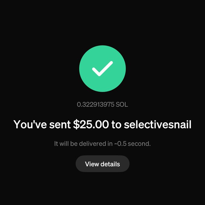 A green checkmark confirmation screen shows a successful transaction of 0.322913975 SOL ($25.00) sent to "selectivesnail," with a "View details" button below. The image visually confirms the "MoonPaid" reference, displaying the completed crypto payment to the named recipient.